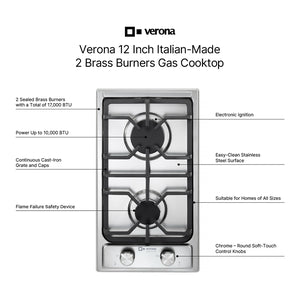 Verona VDGCT212FSS Verona 12" Designer Gas Cooktop - Brass Burners - Ss