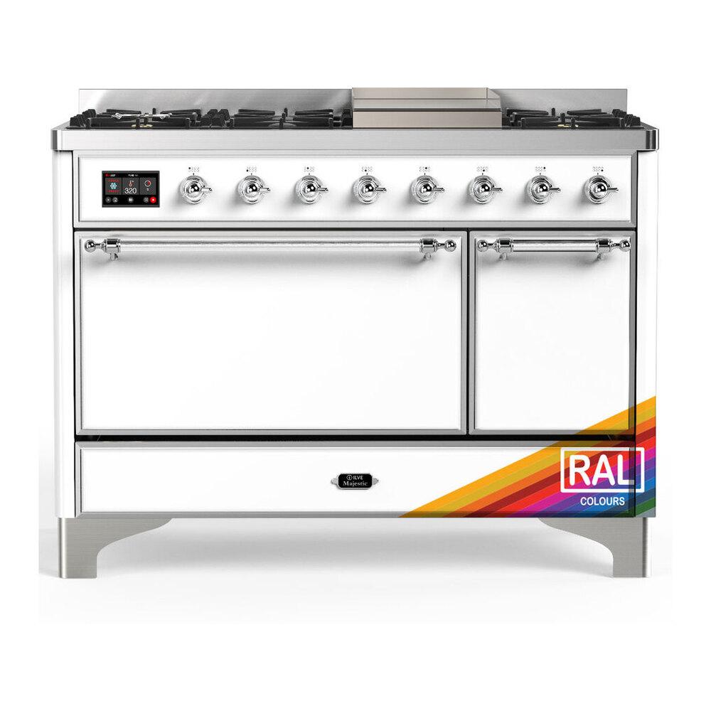 Ilve UM48FQNR3RACLP Ilve Um48Fqnr3Raclp Majestic Iii 48 Inch Dual Fuel Range With 8 Burners And Griddle, Dual Function Burner Up To 25,000 Btu (Liquid Propane, Solid Door, Ral, Chrome)