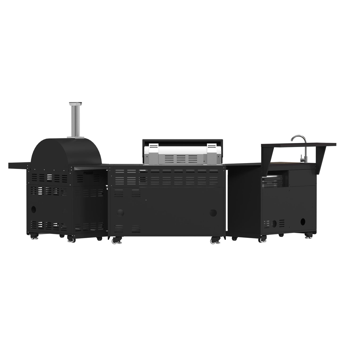Forno FODKT2551BLK Forno All Aperto 87,600 Btu Outdoor Kitchen, 4 Burners, Infrared Burners, Side Burner, Black Sintered Stone Countertops, Gas Pizza Oven, Sink Module, Bar & Beverage Center