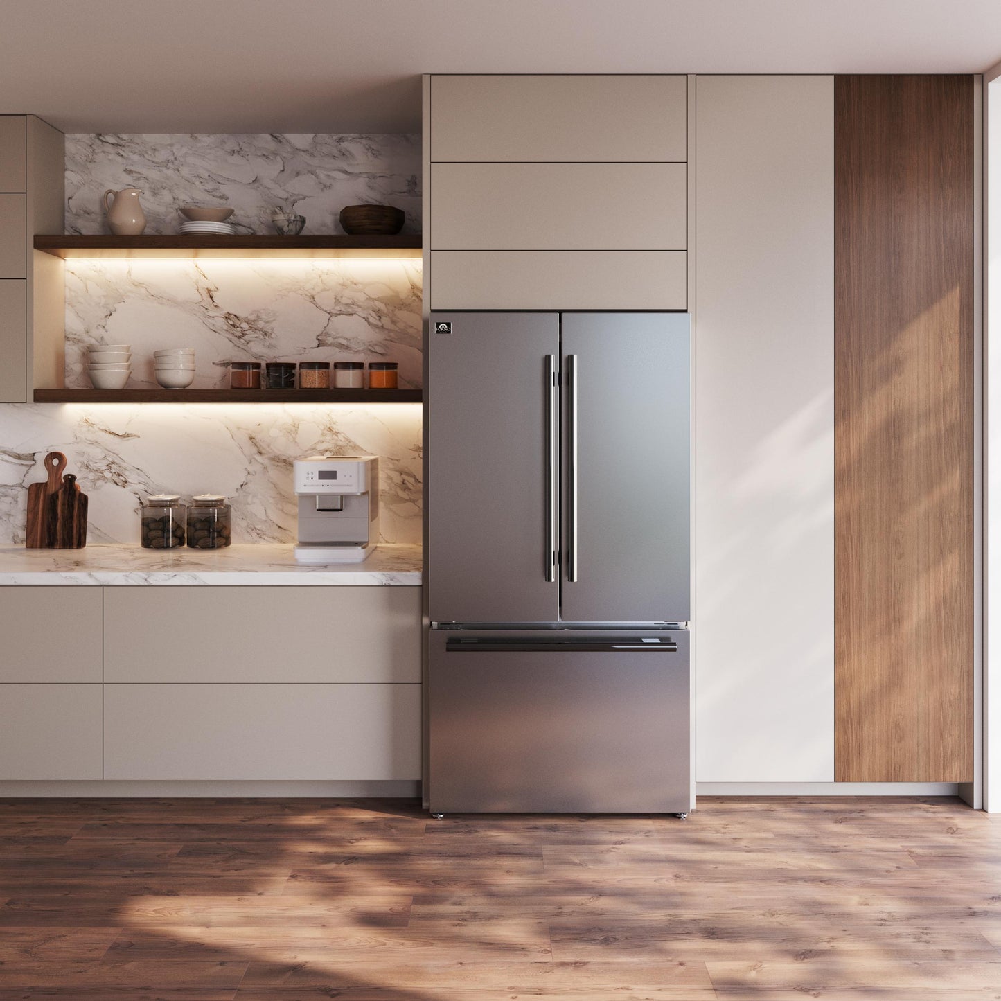 Forno FFFFD178336S Forno Rivello 36 Inch French Door Refrigerator In Stainless Steel, Internal Water Dispenser, Filtered Ice, Adjustable Shelves, Energy Star Certified