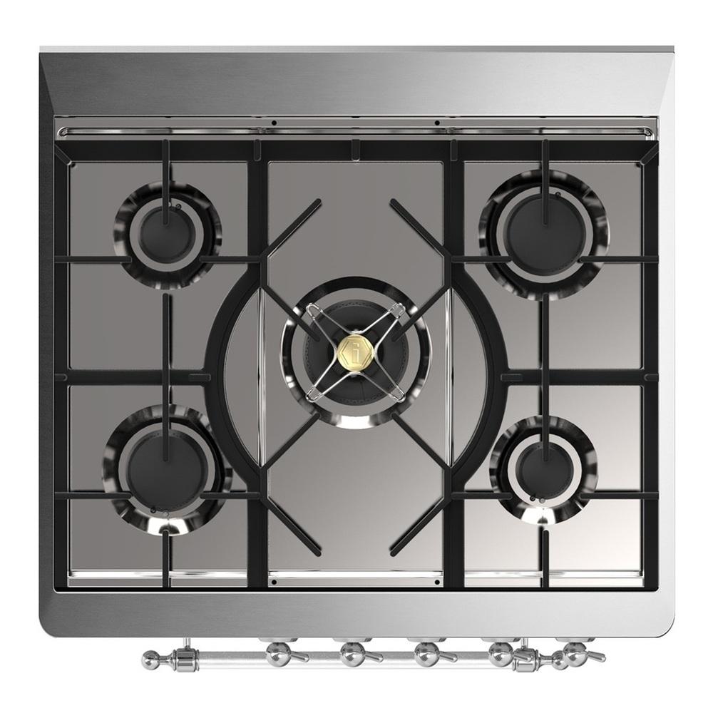Ilve UM30QNR3MGCLP Ilve Um30Qnr3Mgclp Majestic Iii 30 Inch Dual Fuel Range With 5 Black Brass Burners, Dual Function Burner Up To 25,000 Btu (Liquid Propane, Solid Door, Graphite Matte, Chrome)