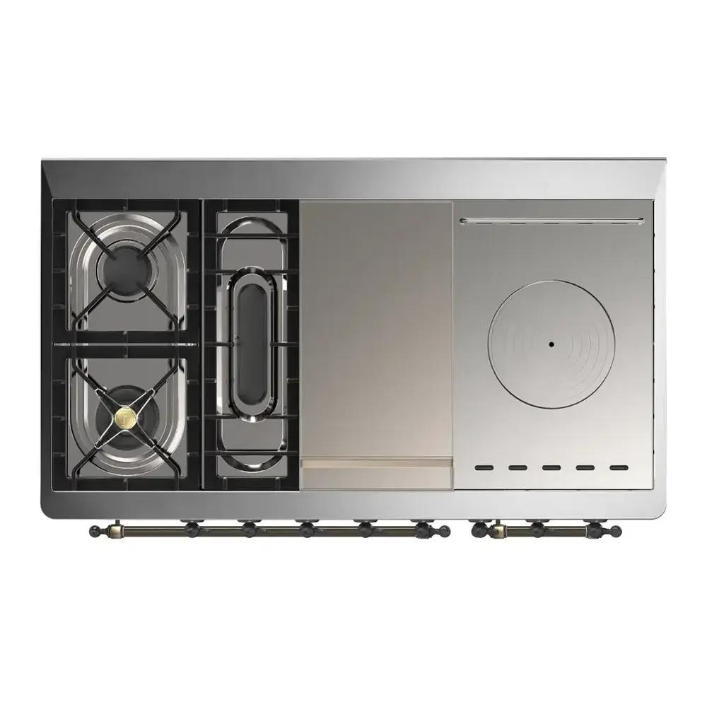 Ilve UM48FSNR3RAB Ilve Um48Fsnr3Rab Majestic Iii 48 Inch Dual Fuel Range With 5 Black Brass Burners, Griddle And French Top, Dual Function Burner Up To 25,000 Btu (Natural Gas, Triple Glass Door, Ral, Burnished)