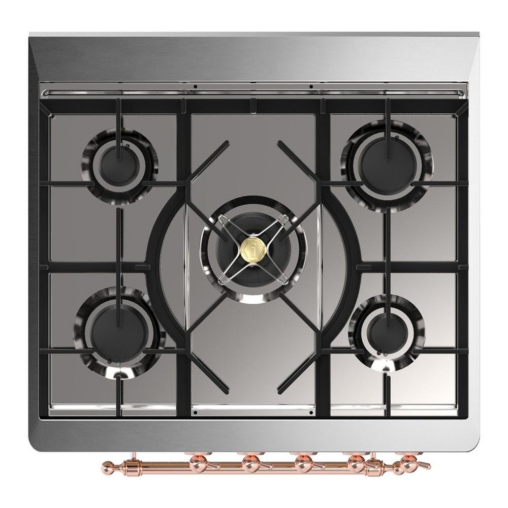 Ilve UM30QNR3SSP Ilve Um30Qnr3Ssp Majestic Iii 30 Inch Dual Fuel Range With 5 Black Brass Burners, Dual Function Burner Up To 25,000 Btu (Natural Gas, Solid Door, Stainless Steel, Copper)