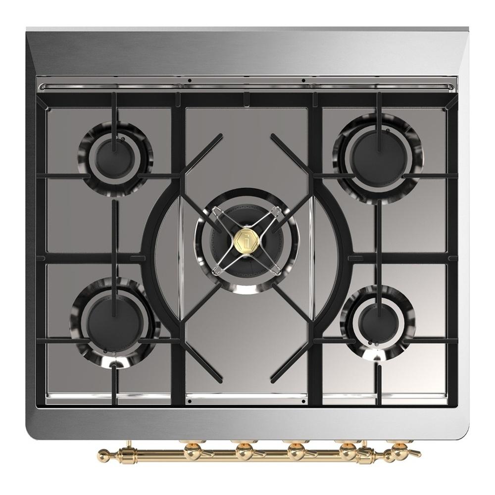 Ilve UM30QNR3MBGLP Ilve Um30Qnr3Mbglp Majestic Iii 30 Inch Dual Fuel Range With 5 Black Brass Burners, Dual Function Burner Up To 25,000 Btu (Liquid Propane, Solid Door, Midnight Blue, Brass)