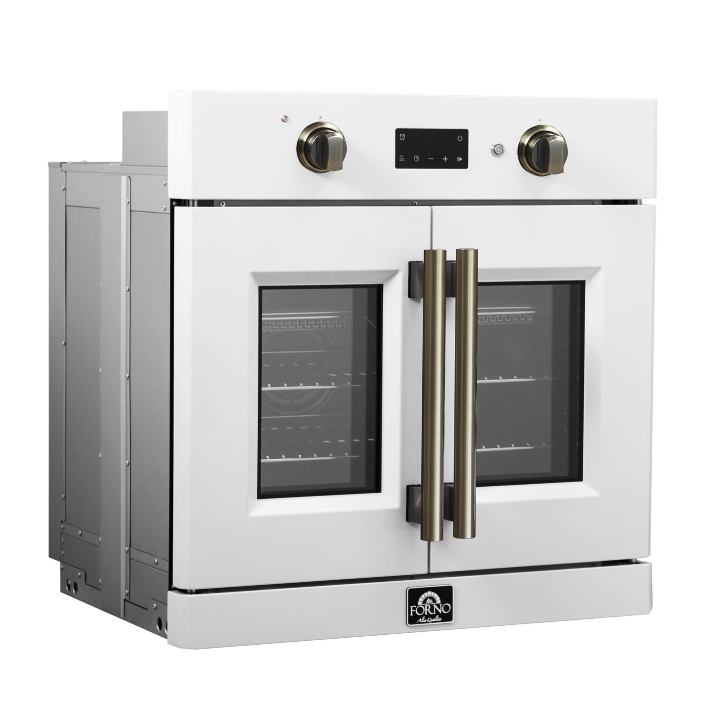 Forno FBOEL133330WHT Forno Asti 30-Inch French Door Electric Wall Oven In White & Antique Brass, 3.68 Cu. Ft. True Convection, 3,600W, Air Fry, Sous Vide, Self-Clean