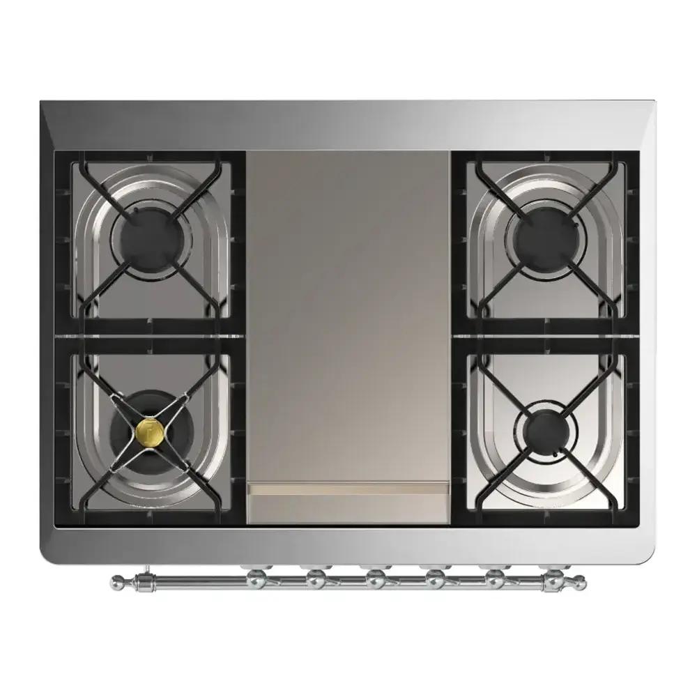 Ilve UM36FNR3RACLP Ilve Um36Fnr3Raclp Majestic Iii 36 Inch Dual Fuel Range With 6 Black Brass Burners And Griddle, Dual Function Burner Up To 25,000 Btu (Triple Glass Door, Ral, Chrome, Liquid Propane)