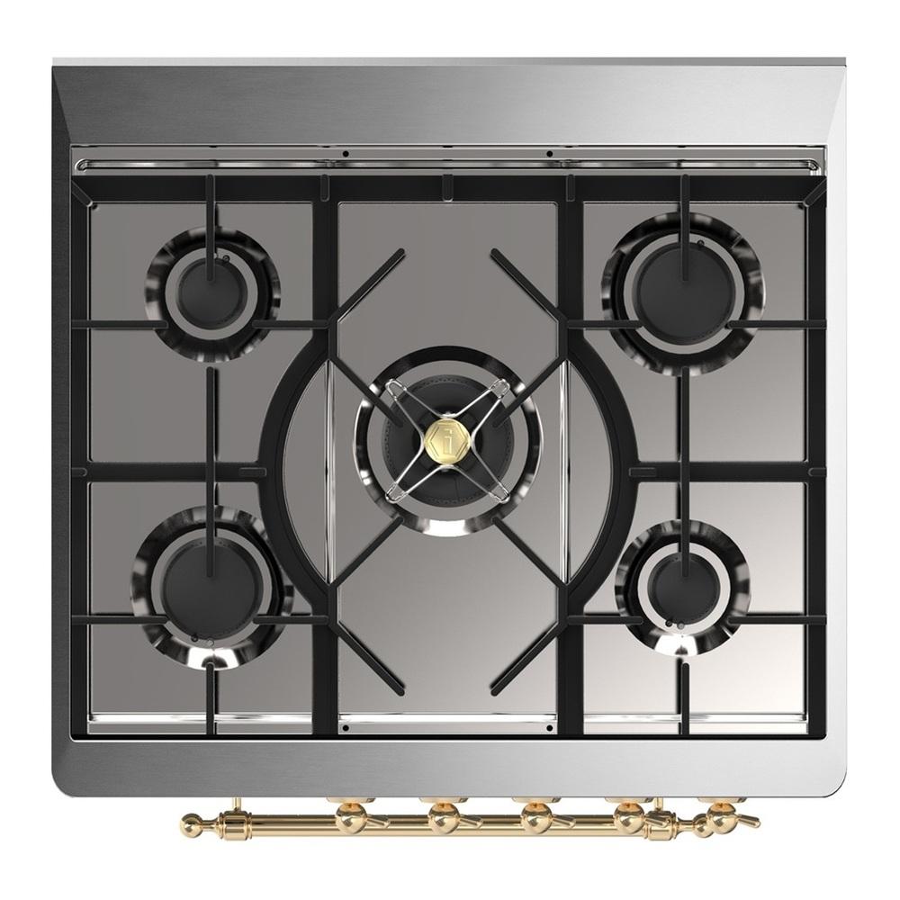 Ilve UM30NR3BGG Ilve Um30Nr3Bgg Majestic Iii 30 Inch Dual Fuel Range With 5 Black Brass Burners, Dual Function Burner Up To 25,000 Btu (Natural Gas, Triple Glass Door, Blue Grey, Brass)