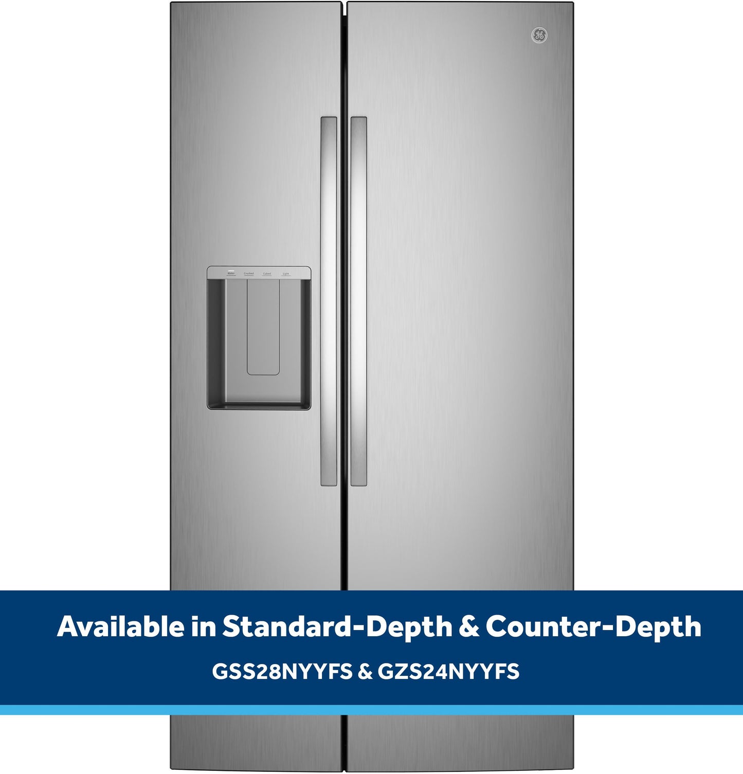 Ge Appliances GZS24NYYFS Ge® 23.6 Cu. Ft. Counter-Depth Side-By-Side Refrigerator With Extra Tall Dispenser And In-Door Icemaker