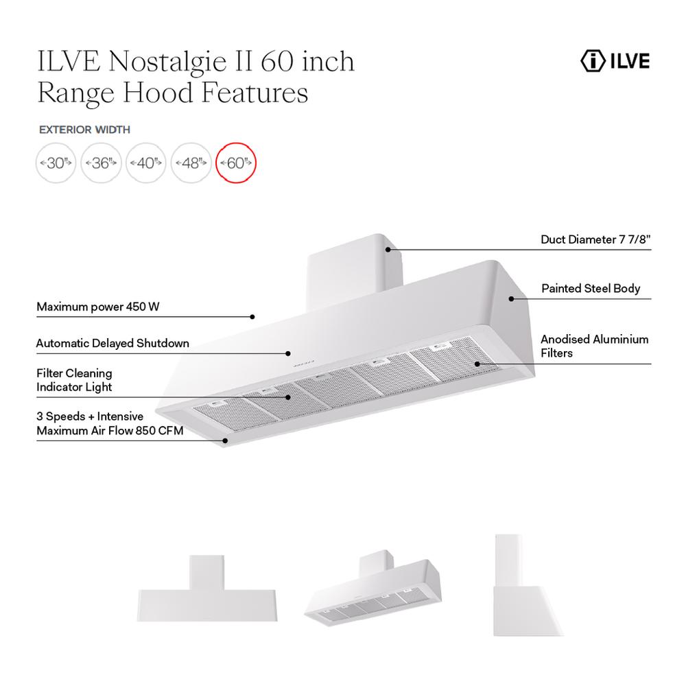 Ilve UAG60RA Ilve Uag60Ra Nostalgie Ii 60 Inch Wall Mount Range Hood With 850 Cfm, 3 Speed + Intensive, Front Led Light Bar (Ral)