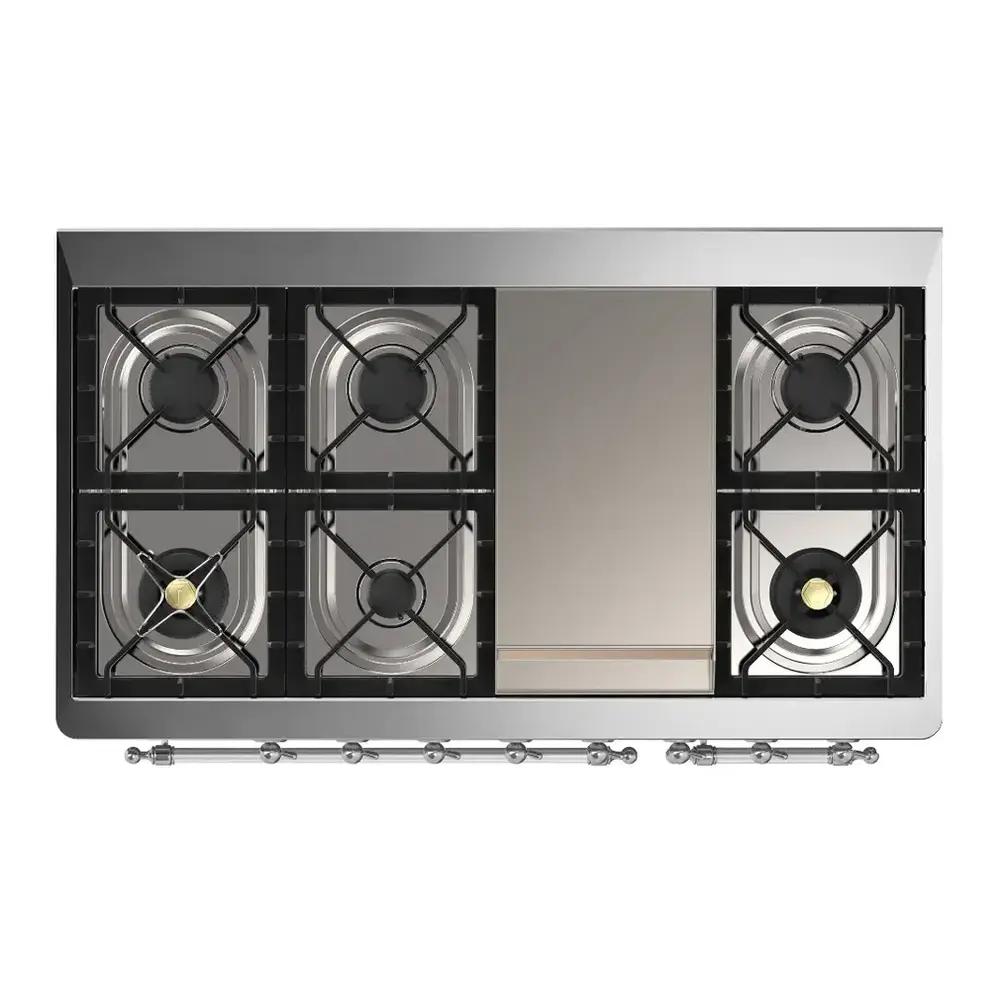 Ilve UM48FNR3RAC Ilve Um48Fnr3Rac Majestic Iii 48 Inch Dual Fuel Range With 8 Burners And Griddle, Dual Function Burner Up To 25,000 Btu (Natural Gas, Triple Glass Door, Ral, Chrome)