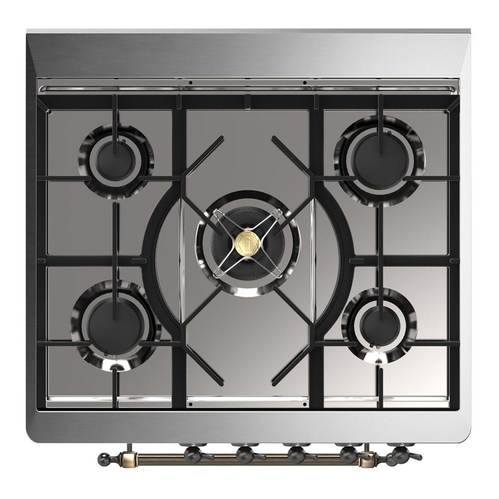 Ilve UM30QNR3BKB Ilve Um30Qnr3Bkb Majestic Iii 30 Inch Dual Fuel Range With 5 Black Brass Burners, Dual Function Burner Up To 25,000 Btu (Natural Gas, Solid Door, Glossy Black, Burnished)