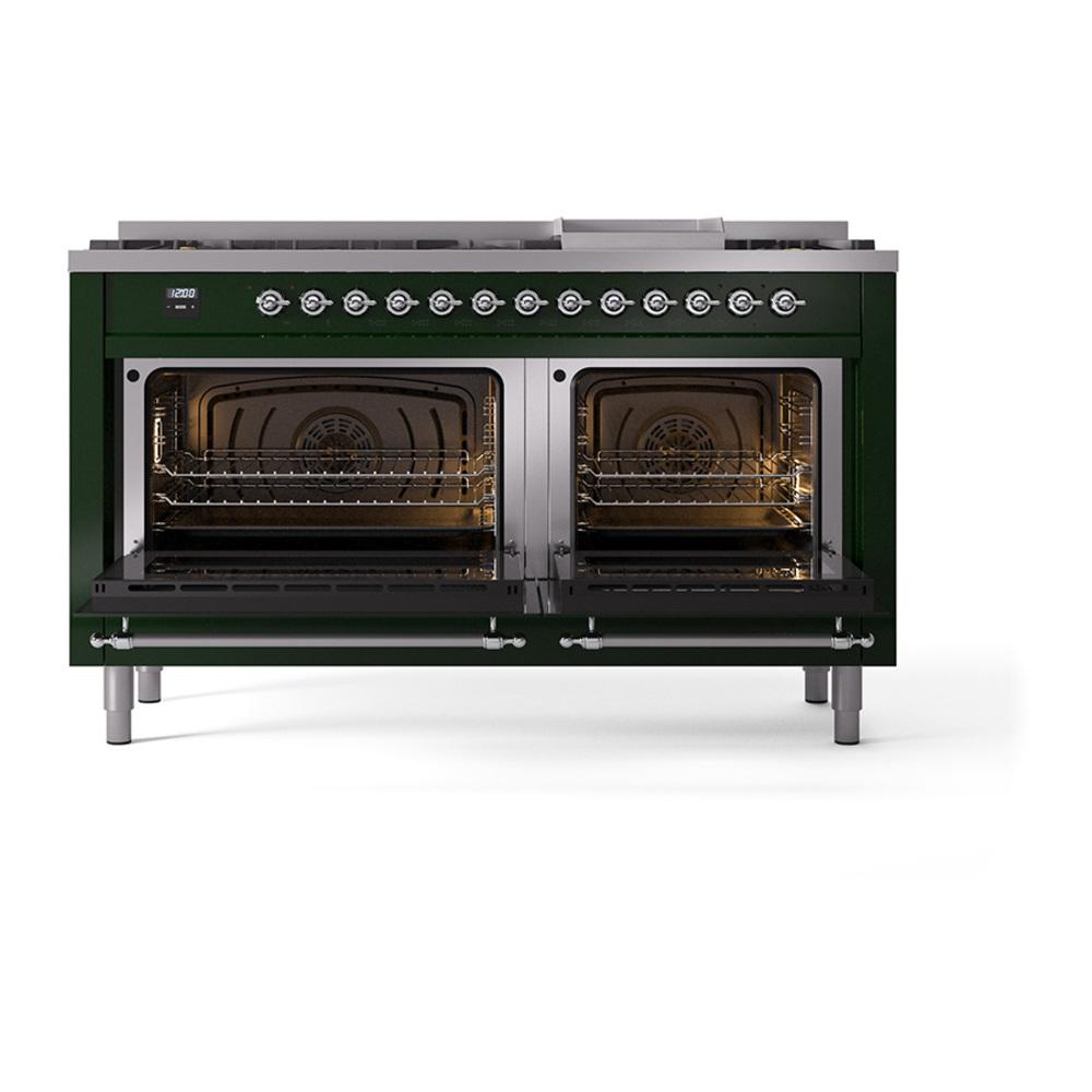 Ilve UN60FQNMPEGC Ilve Un60Fqnmpegc Nostalgie Ii Noblesse 60" Dual Fuel Range (9 Sealed Burners + Griddle, Natural Gas, Solid Door, Emerald Green, Chrome)