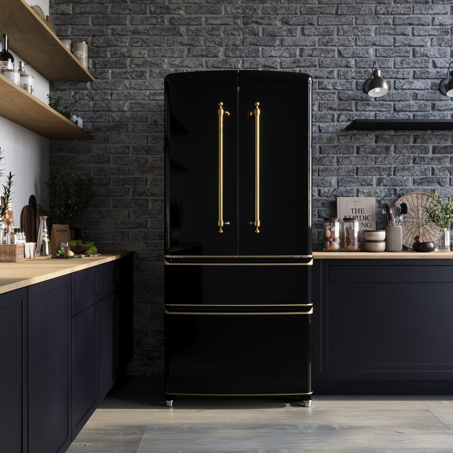 Forno FFFFD179133BLK Forno Luigi 33-Inch French Door Refrigerator, 18 Cu.Ft, Black Finish, Antique Brass Handles, Energy Star Certified