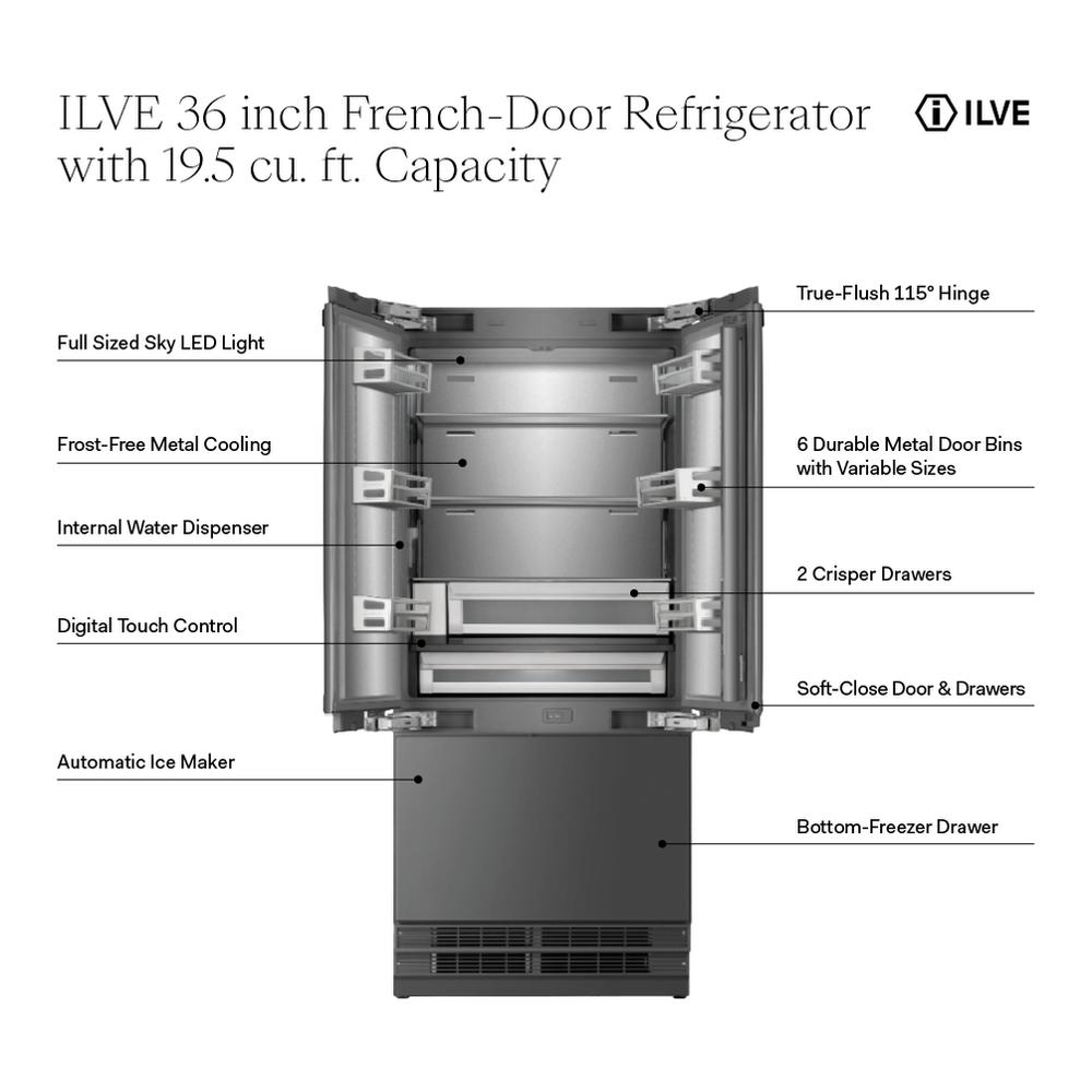 Ilve URFD36SIWPRY Ilve Urfd36Siwpry 36 Inch Built-In French Door Refrigerator With 19.5 Cu. Ft. Capacity, Internal Water Dispenser, Ice Maker, Energy Star, Sabbath Mode