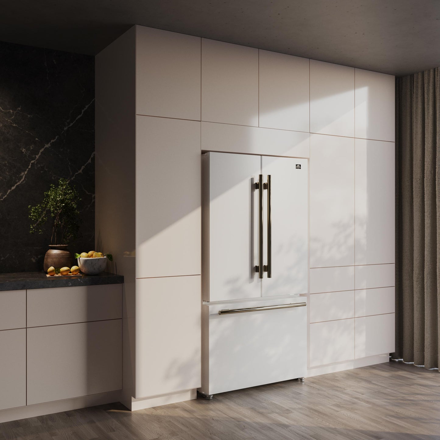 Forno FFFFD178336WHT Forno Rivello 36 Inch French Door Refrigerator In White With Antique Brass, Internal Water Dispenser, Filtered Ice, Adjustable Shelves, Energy Star Certified