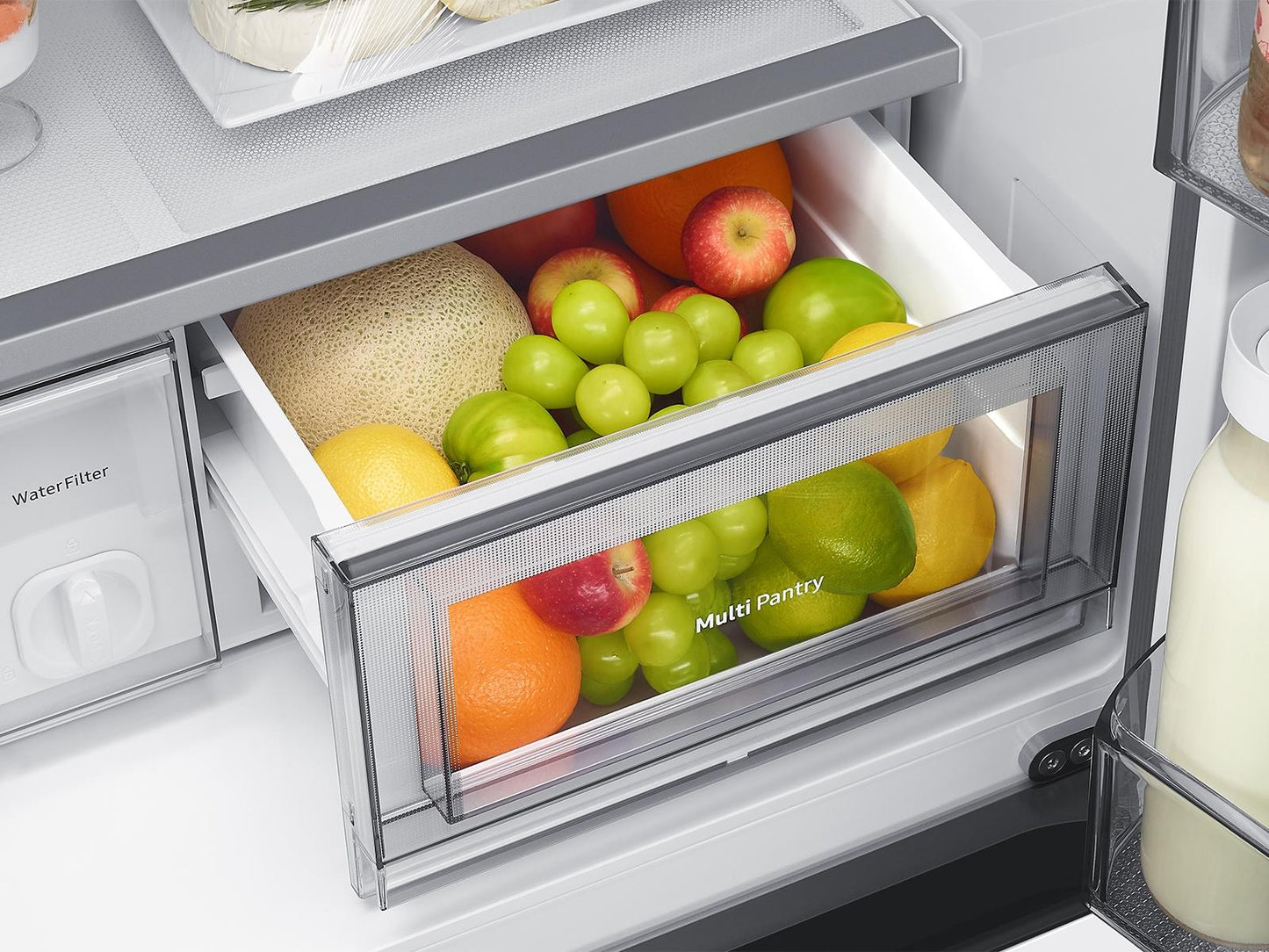 Samsung RM80F22WEW Bespoke 22 Cu. Ft. Counter Depth 4-Door French Door Refrigerator With Zero Clearance Fit & Food Showcase Door In White Glass