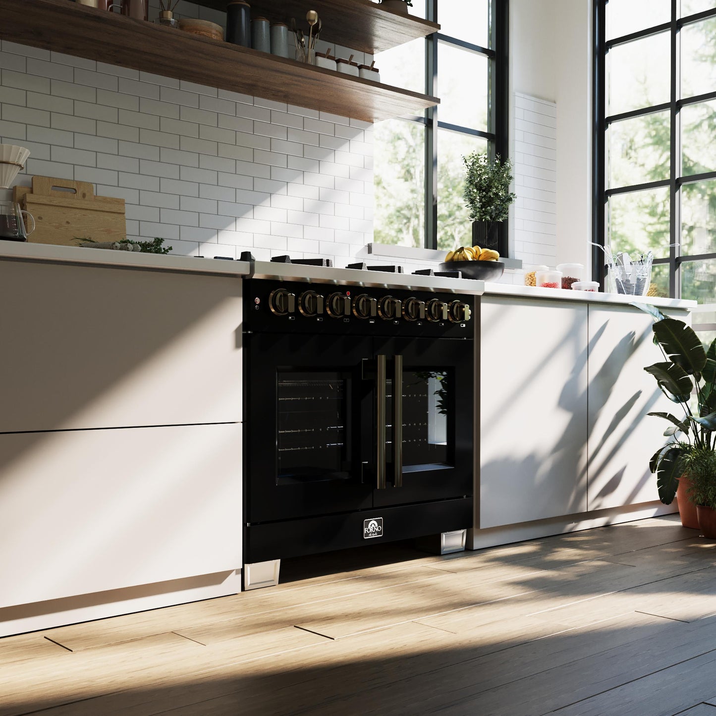 Forno FFSGS638736BLK Forno Capriasca 36 Inch Freestanding French Door Dual Fuel Range In Black With Antique Brass Accessories, 6 Burners, True Convection Oven