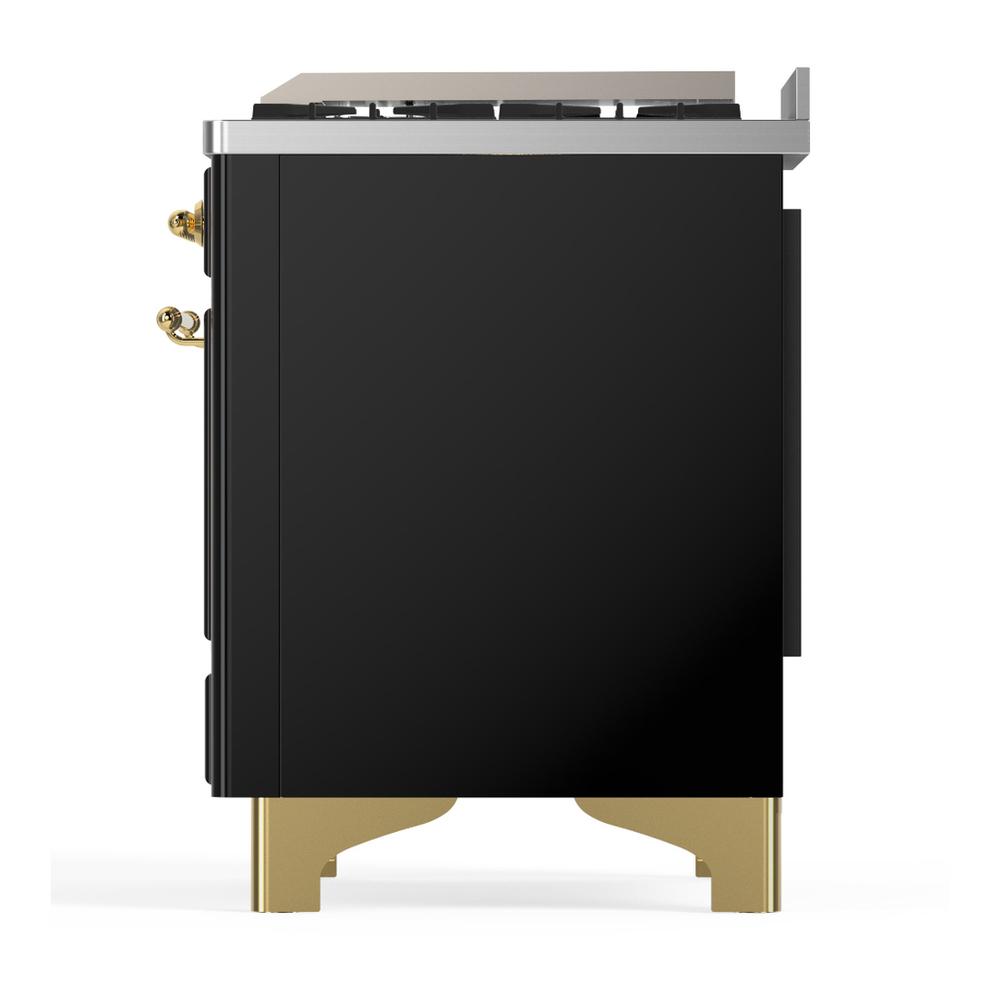 Ilve UM60FNR3BKGLP Ilve Um60Fnr3Bkglp Majestic Iii 60 Inch Dual Fuel Range With 9 Burners And Griddle, Dual Function Burner Up To 25,000 Btu (Liquid Propane, Triple Glass Door, Glossy Black, Brass)