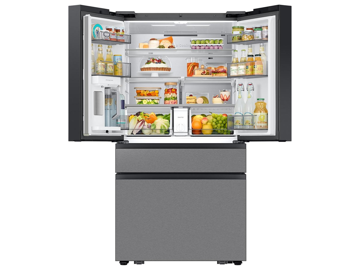 Samsung RF90F23EECR Bespoke 23 Cu. Ft. Counter Depth 4-Door French Door Refrigerator With Ai Family Hub™+ & Inner Beverage Center™ In Charcoal Glass And Stainless Steel