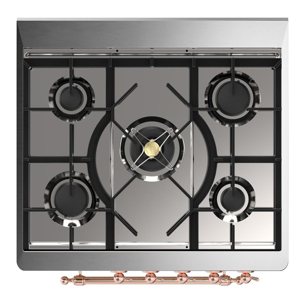 Ilve UM30QNR3MGP Ilve Um30Qnr3Mgp Majestic Iii 30 Inch Dual Fuel Range With 5 Black Brass Burners, Dual Function Burner Up To 25,000 Btu (Natural Gas, Solid Door, Graphite Matte, Copper)