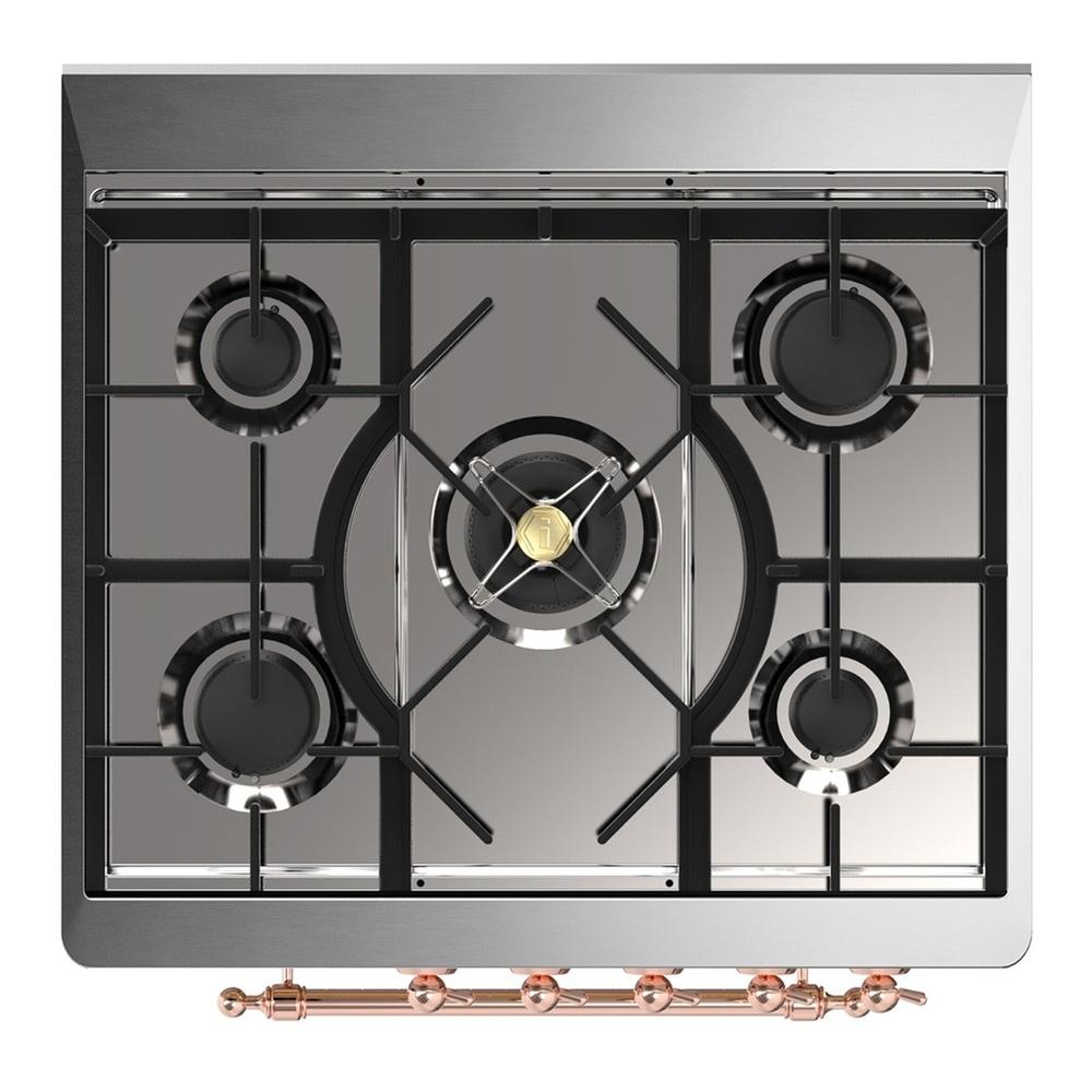 Ilve UM30QNR3MBPLP Ilve Um30Qnr3Mbplp Majestic Iii 30 Inch Dual Fuel Range With 5 Black Brass Burners, Dual Function Burner Up To 25,000 Btu (Liquid Propane, Solid Door, Midnight Blue, Copper)