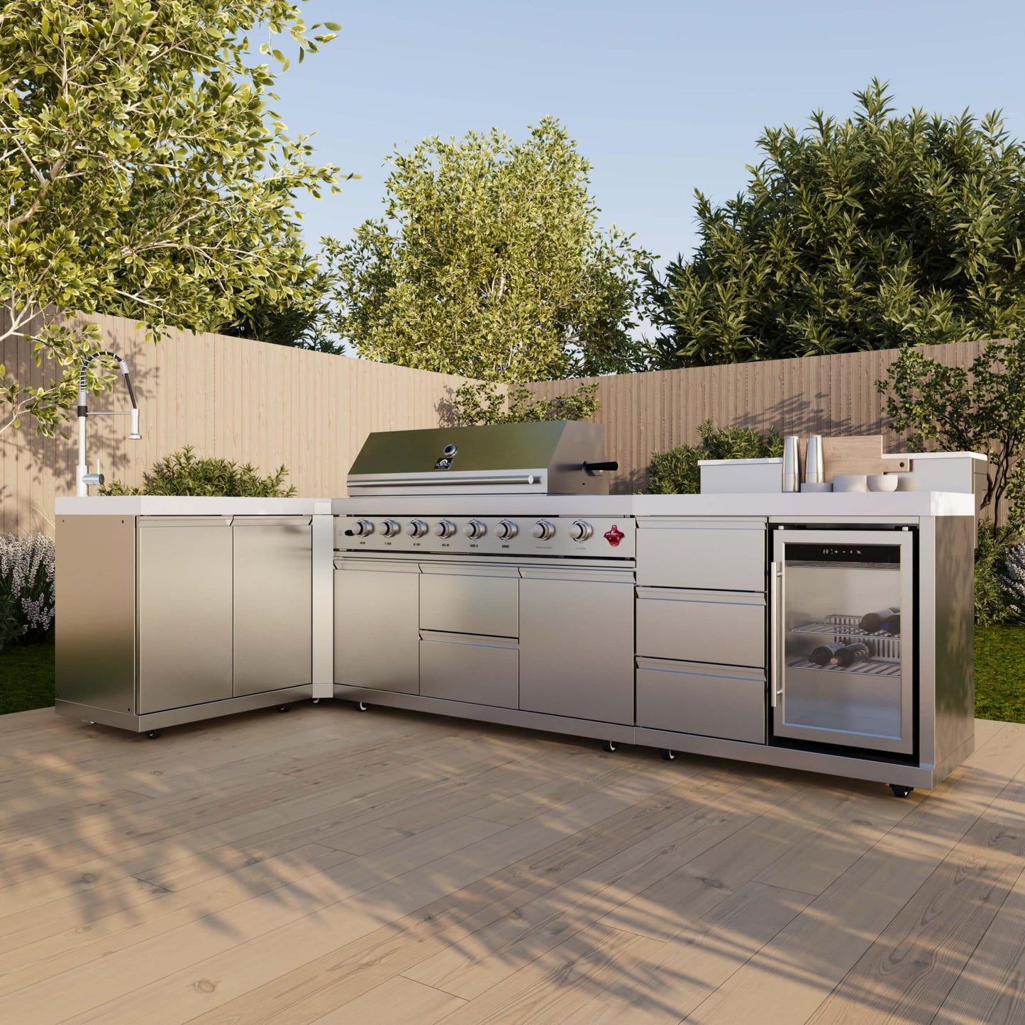 Forno FODKT2520WHT Forno Bulnes 40-Inch Bbq, 95,000 Btu, 5 Burners, Sear & Rotisserie Infrared With Side Burner, Stainless Steel Outdoor Kitchen With 1.8 Cu.Ft. Beverage Center & White Sintered Stone Countertops