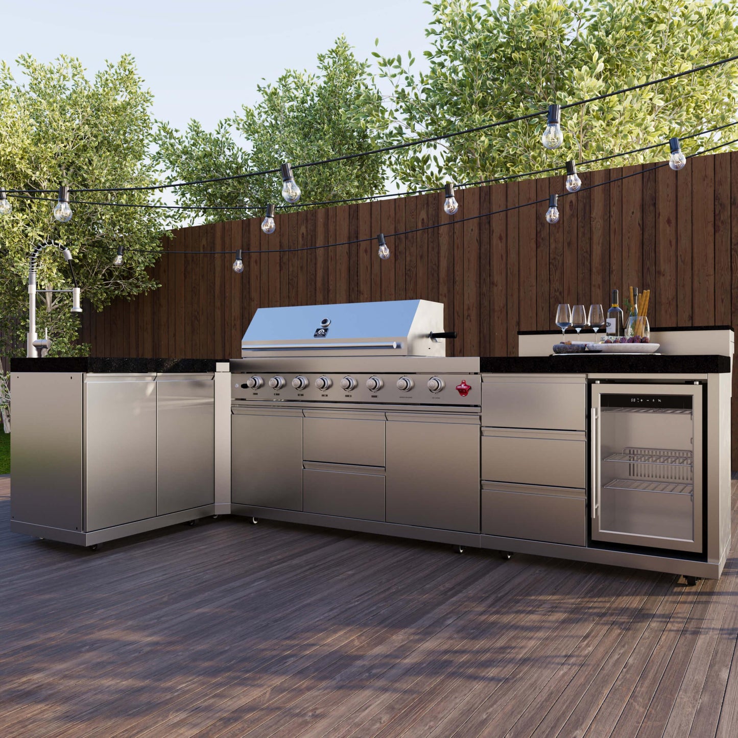 Forno FODKT2520BLK Forno Bulnes 40-Inch Bbq, 95,000 Btu, 5 Burners, Sear & Rotisserie Infrared With Side Burner, Stainless Steel Outdoor Kitchen With 1.8 Cu.Ft. Beverage Center & Black Granite Countertops