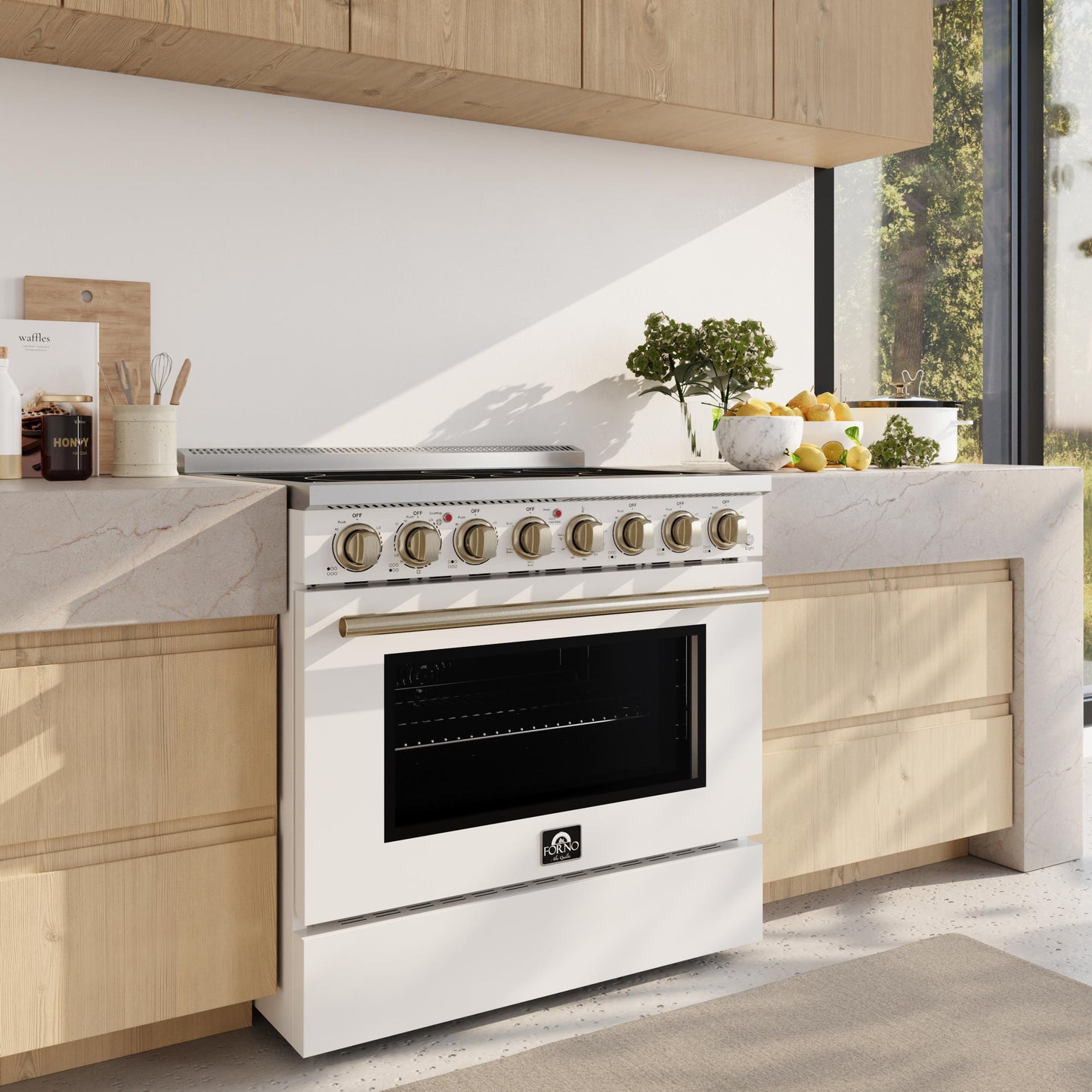 Forno FFSEL601136WHT Forno Paolo 36 Inch White Freestanding Electric Range, Stainless Steel, 5.44 Cu.Ft, True Convection Oven, Energy Efficient