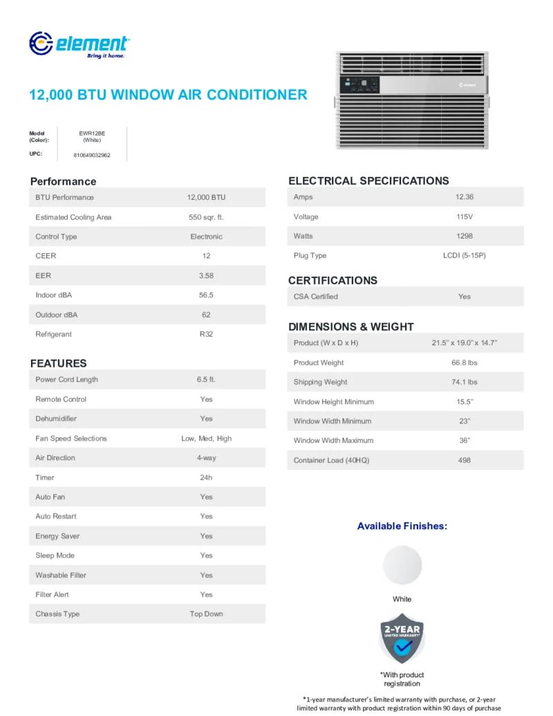 Element Appliance EWR12C Element 12,000 Btu Window Air Conditioner - White (Ewr12Be, Ewr12C)