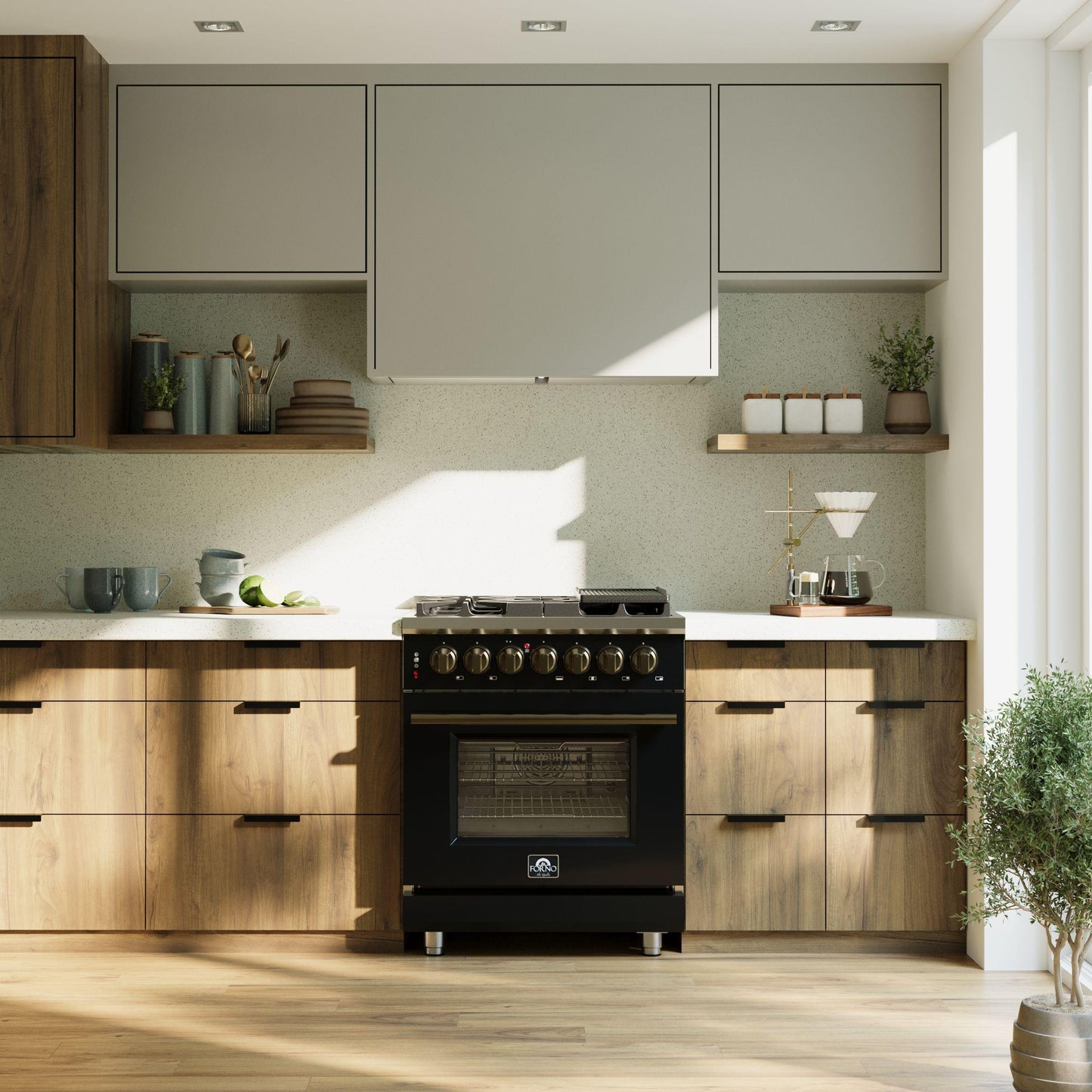 Forno FFSGS612530BLK Forno Massimo 30-Inch Freestanding Dual Fuel Range In Black With Antique Brass Accessories, 4 Burners, 4.32 Cu. Ft. Convection Oven