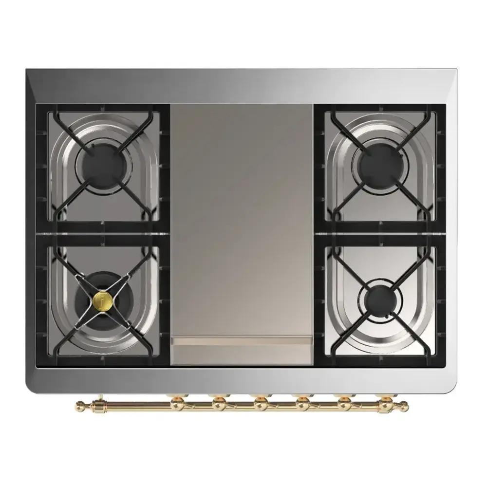Ilve UM36FNR3RAGLP Ilve Um36Fnr3Raglp Majestic Iii 36 Inch Dual Fuel Range With 6 Black Brass Burners And Griddle, Dual Function Burner Up To 25,000 Btu (Triple Glass Door, Ral, Brass, Liquid Propane)