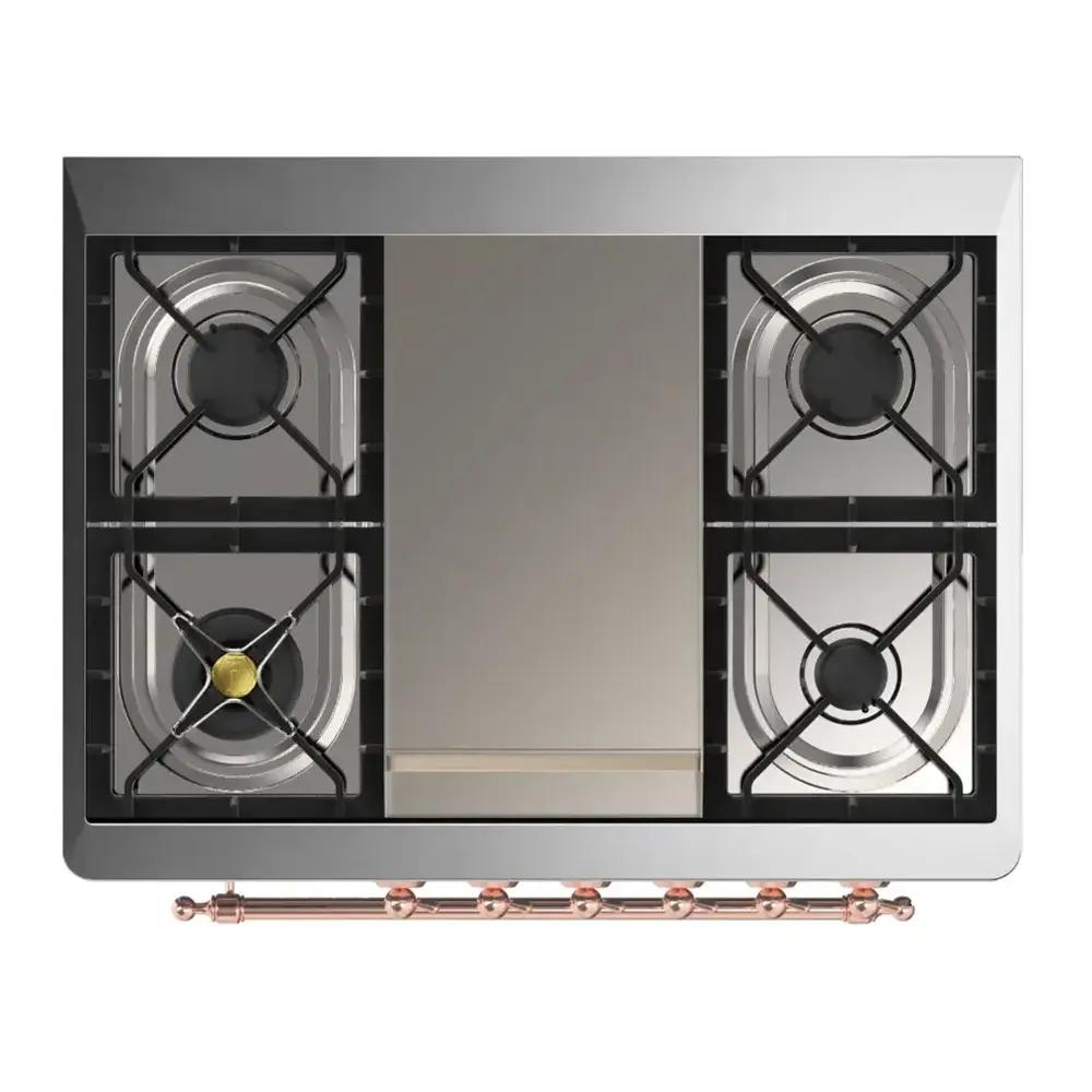 Ilve UM36FNR3RAP Ilve Um36Fnr3Rap Majestic Iii 36 Inch Dual Fuel Range With 6 Black Brass Burners And Griddle, Dual Function Burner Up To 25,000 Btu (Triple Glass Door, Ral, Copper, Natural Gas)