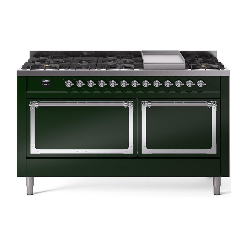 Ilve UN60FQNMPEGC Ilve Un60Fqnmpegc Nostalgie Ii Noblesse 60" Dual Fuel Range (9 Sealed Burners + Griddle, Natural Gas, Solid Door, Emerald Green, Chrome)