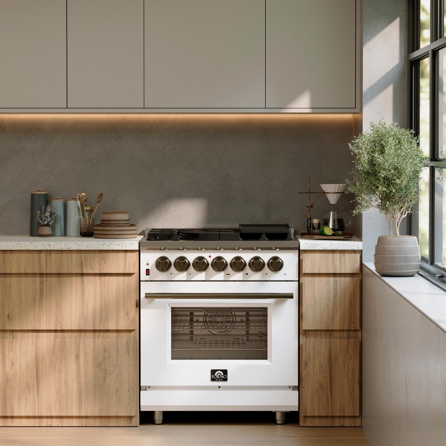 Forno FFSGS612530WHT Forno Massimo 30-Inch Freestanding Dual Fuel Range In White With Antique Brass Accessories, 4 Burners, 4.32 Cu. Ft. Convection Oven