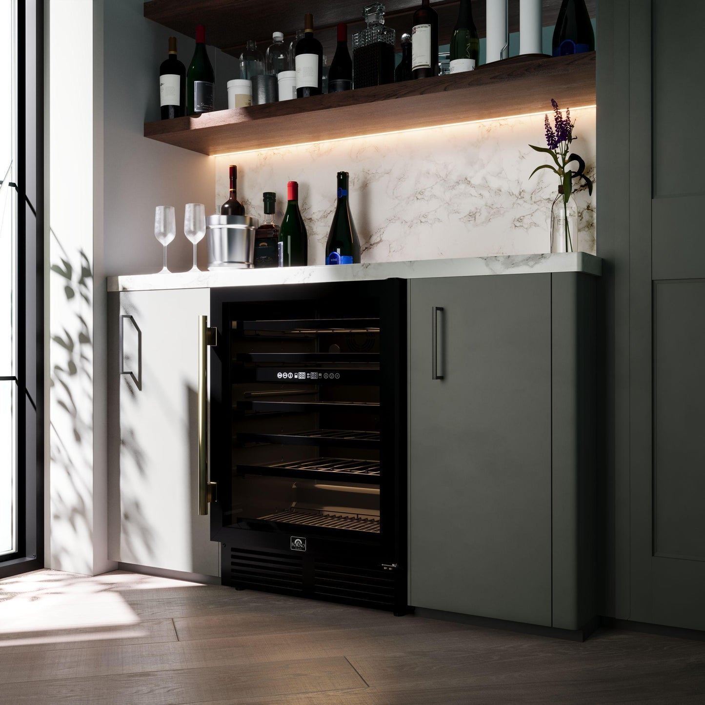 Forno FWCDR663424BLK Forno Bacchino 24 Inch Wine Cooler, Black With Antique Brass Handles, With Led Lighting, Triple Glass Door, 51 Bottle Capacity, Built-In Or Freestanding