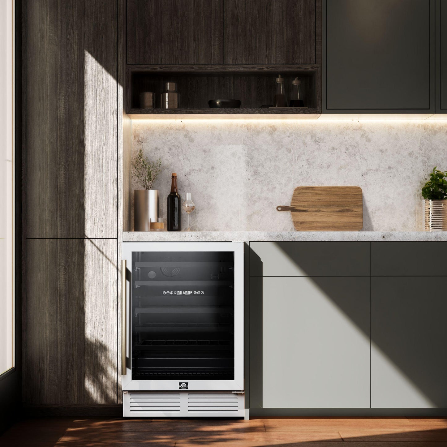 Forno FWCDR663424WHT Forno Bacchino 24 Inch Wine Cooler, White With Antique Brass Handles, With Led Lighting, Triple Glass Door, 51 Bottle Capacity, Built-In Or Freestanding