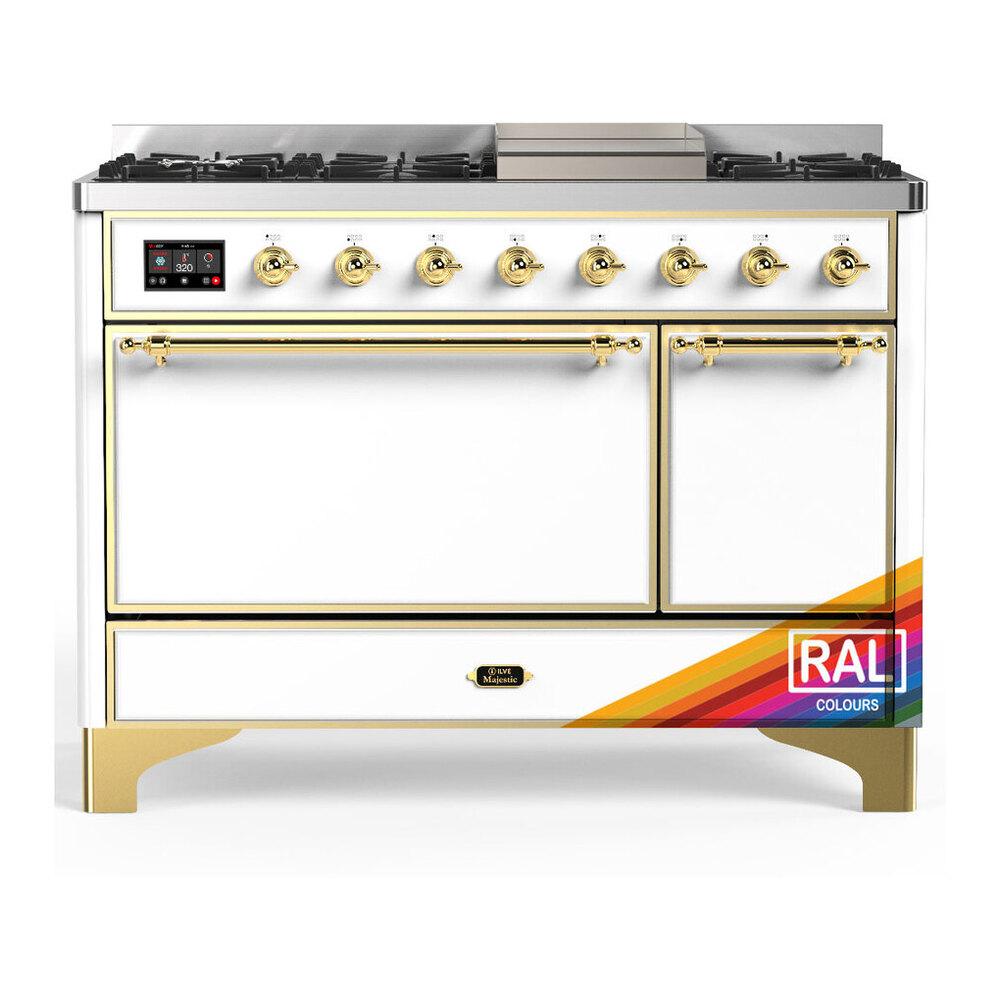 Ilve UM48FQNR3RAGLP Ilve Um48Fqnr3Raglp Majestic Iii 48 Inch Dual Fuel Range With 8 Burners And Griddle, Dual Function Burner Up To 25,000 Btu (Liquid Propane, Solid Door, Ral, Brass)