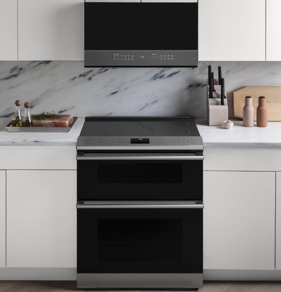 Cafe CES750M2NS5 Café 30" Smart Slide-In, Front-Control, Radiant And Convection Double-Oven Range In Black