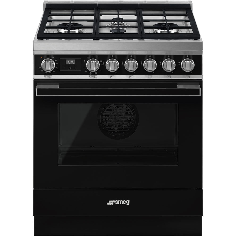 Smeg CPF30UGMBL Portofino Pro-Style Dual Fuel Range, Black, 30" X 25"