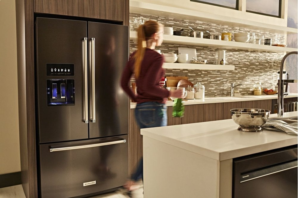 Kitchenaid KRFF507HBS 26.8 Cu. Ft. 36-Inch Width Standard Depth French Door Refrigerator With Exterior Ice And Water And Printshield™ Finish - Black Stainless Steel With Printshield™ Finish