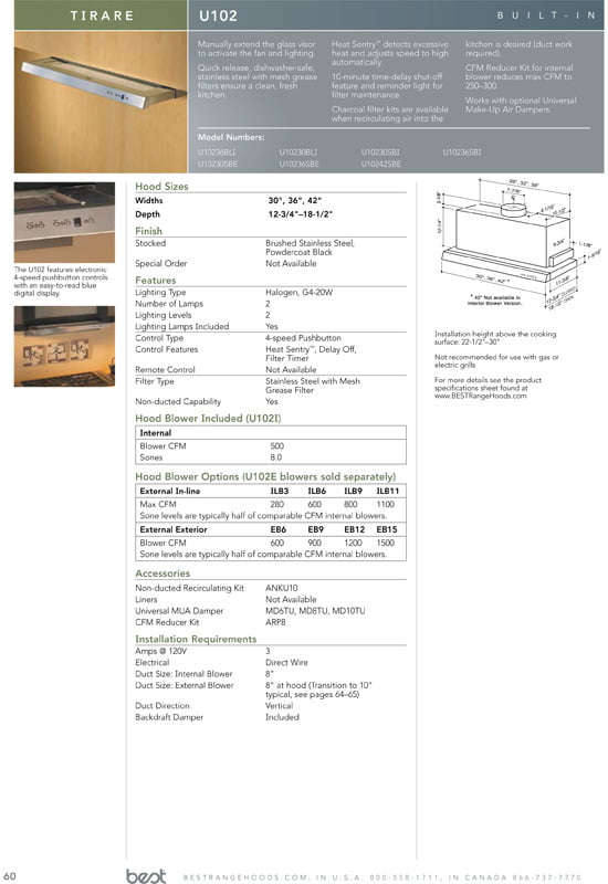 Best Range Hoods U10242SBE 42" Stainless Steel Built-In Range Hood With External Blower Options