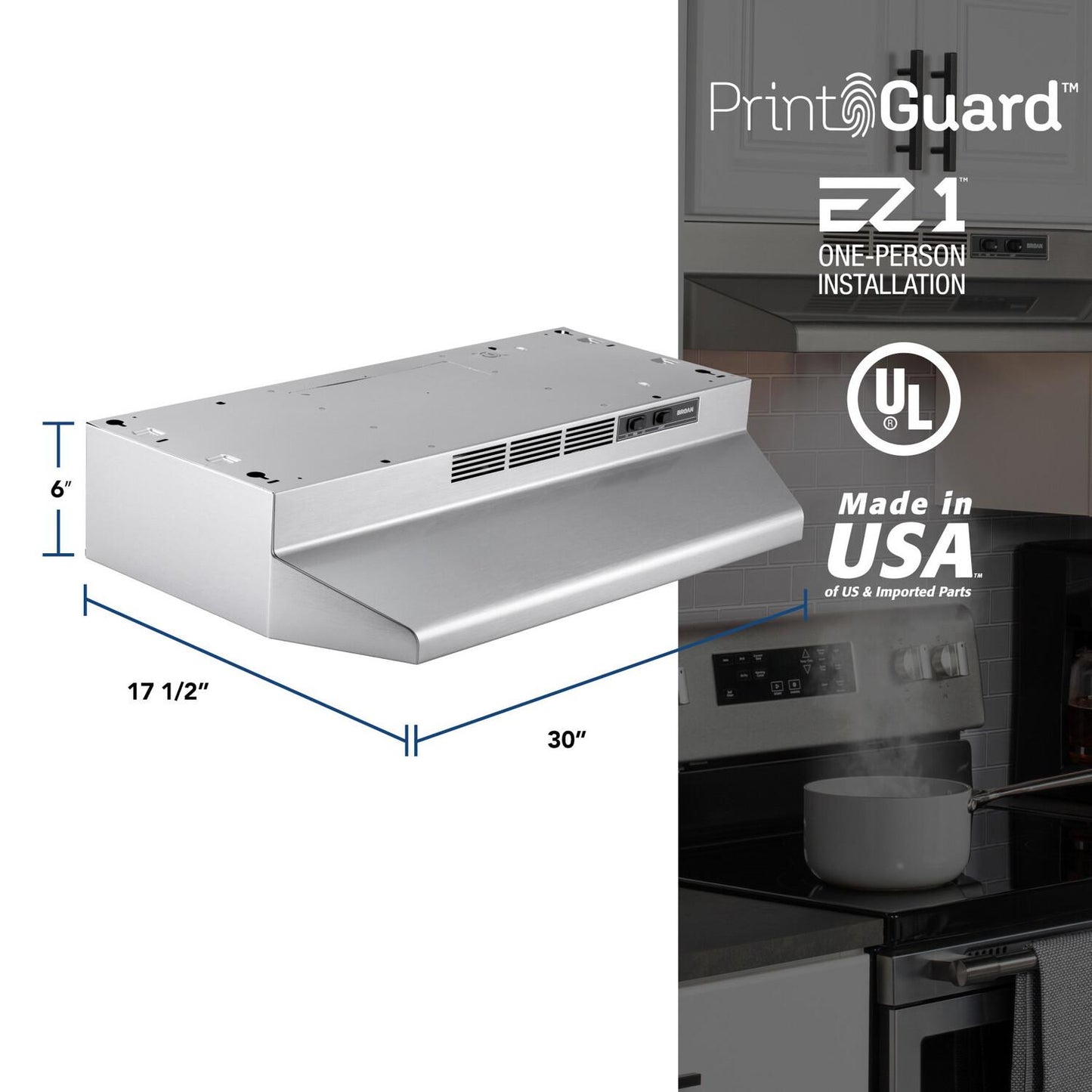Broan BUEZ130SF Broan® 30-Inch Ductless Under-Cabinet Range Hood W/ Easy Install System, Stainless Finish