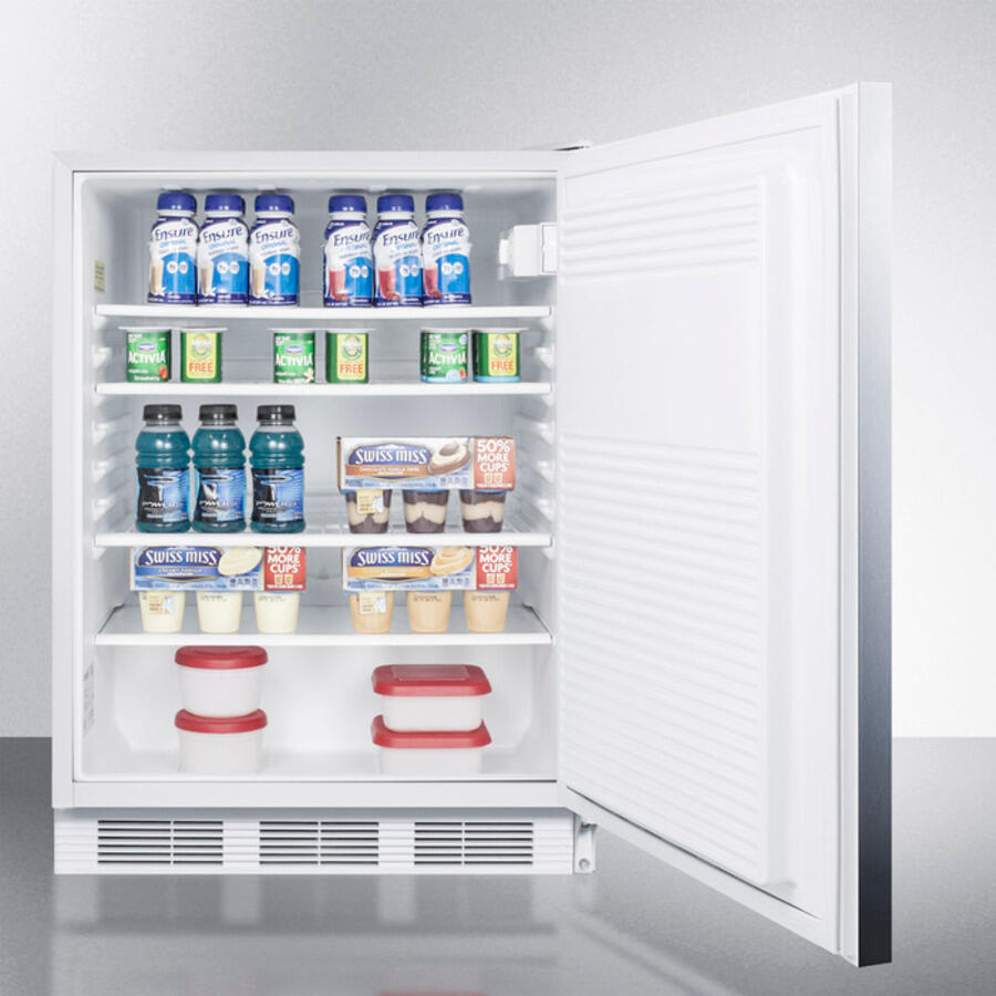 Summit FF7SSHH Commercially Listed Freestanding All-Refrigerator For General Purpose Use, Auto Defrost W/Ss Wrapped Door, Horizontal Handle, And White Cabinet