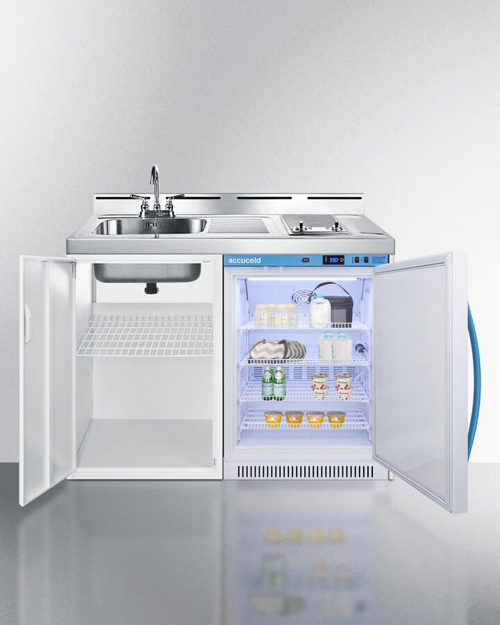 Summit C48ELMC 48" Wide All-In-One Kitchenette With A Smooth Glass Cooktop, Momcube Breast Milk Refrigerator, Sink With Faucet, And Storage Cabinet