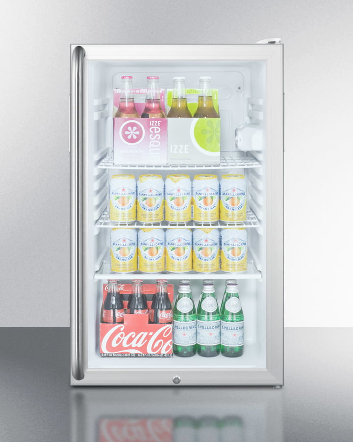 Summit SCR450L7SH Commercially Listed 20" Wide Glass Door All-Refrigerator For Freestanding Use, Auto Defrost With A Lock, Full-Length Handle, And White Cabinet