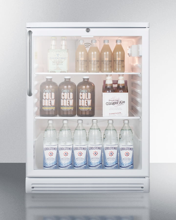 Summit SCR600GLTB Commercially Listed 5.5 Cu.Ft. Counter Height Beverage Center In A 24" Footprint, With White Cabinet, Glass Door, Towel Bar Handle, And Lock
