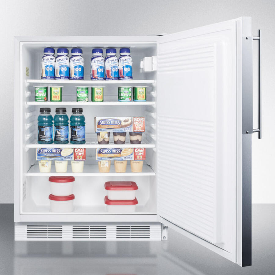Summit FF7BIFR Commercially Listed Built-In Undercounter All-Refrigerator For General Purpose Use, Auto Defrost W/Ss Door Frame For Slide-In Panels And A White Cabinet