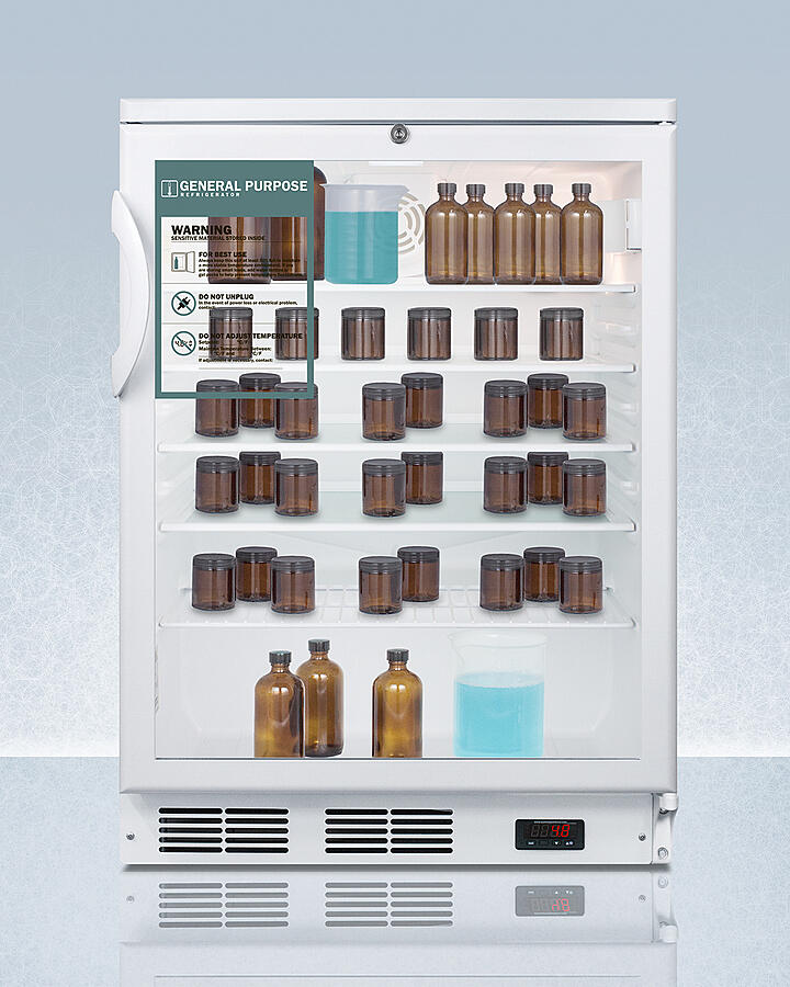 Summit SCR600GLGP Commercially Listed 5.5 Cu.Ft. General Purpose Counter Height All-Refrigerator In A 24" Footprint, With White Cabinet, Glass Door, Digital Thermostat, And Lock