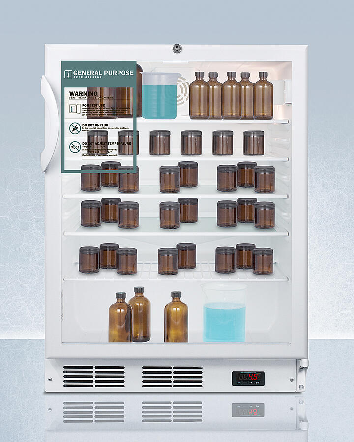 Summit SCR600GLBIADAGP General Purpose, Commercially Listed Ada Compliant Built-In Undercounter All-Refrigerator With White Cabinet, Glass Door, Digital Thermostat, And Lock