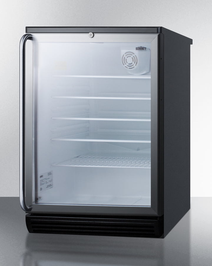 Summit SCR600BGLSH Commercially Listed 5.5 Cu.Ft. Counter Height Beverage Center In A 24" Footprint, With Black Cabinet, Glass Door, Full-Length Towel Bar Handle, And Lock